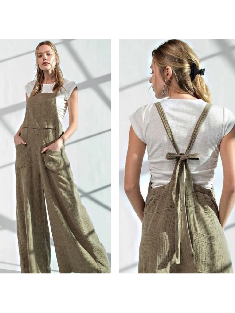 Easel “Here I Am” Gauzy Tie-Back Wide Legs Overalls